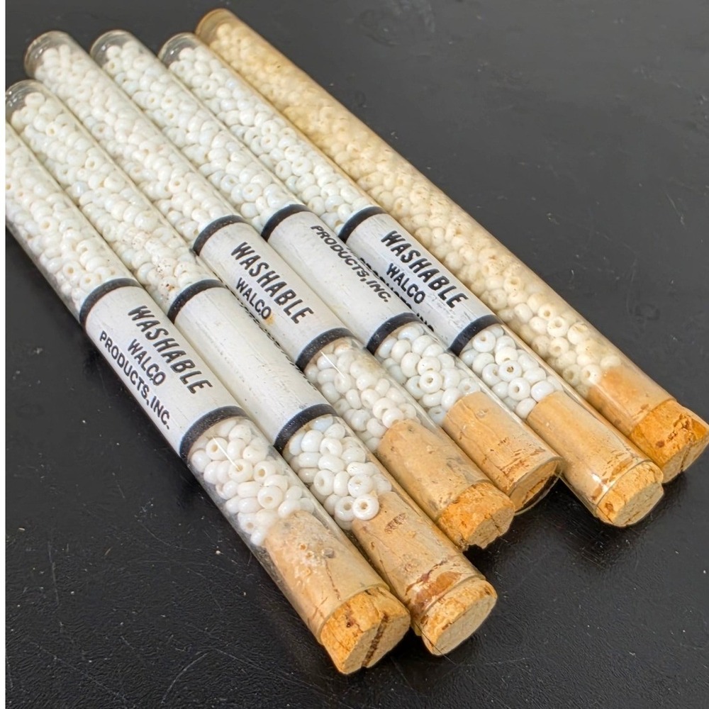 Vintage Walco Products White Seed Beads 6 Glass Tubes Cork Stopper Washable C